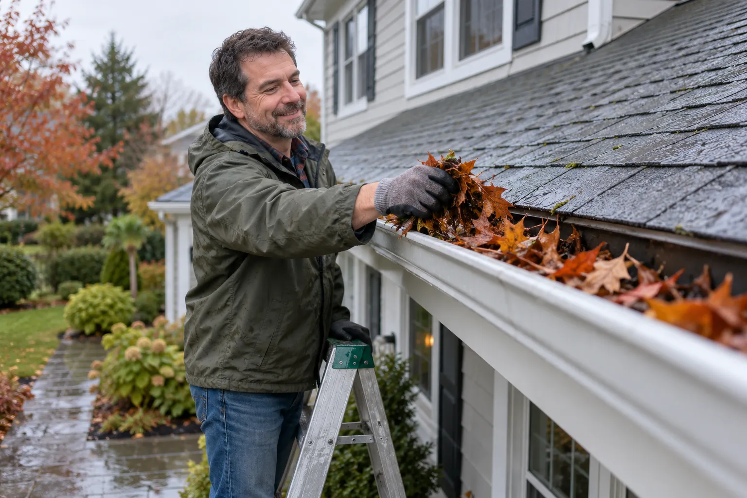 A homeowner checking gutters after a storm in the Lebanon area